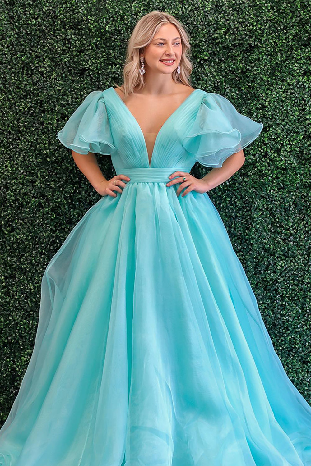 Dreamyannie Blue Prom Dress V-Neck A Line Ruched Evening Dress With Puff Sleeves