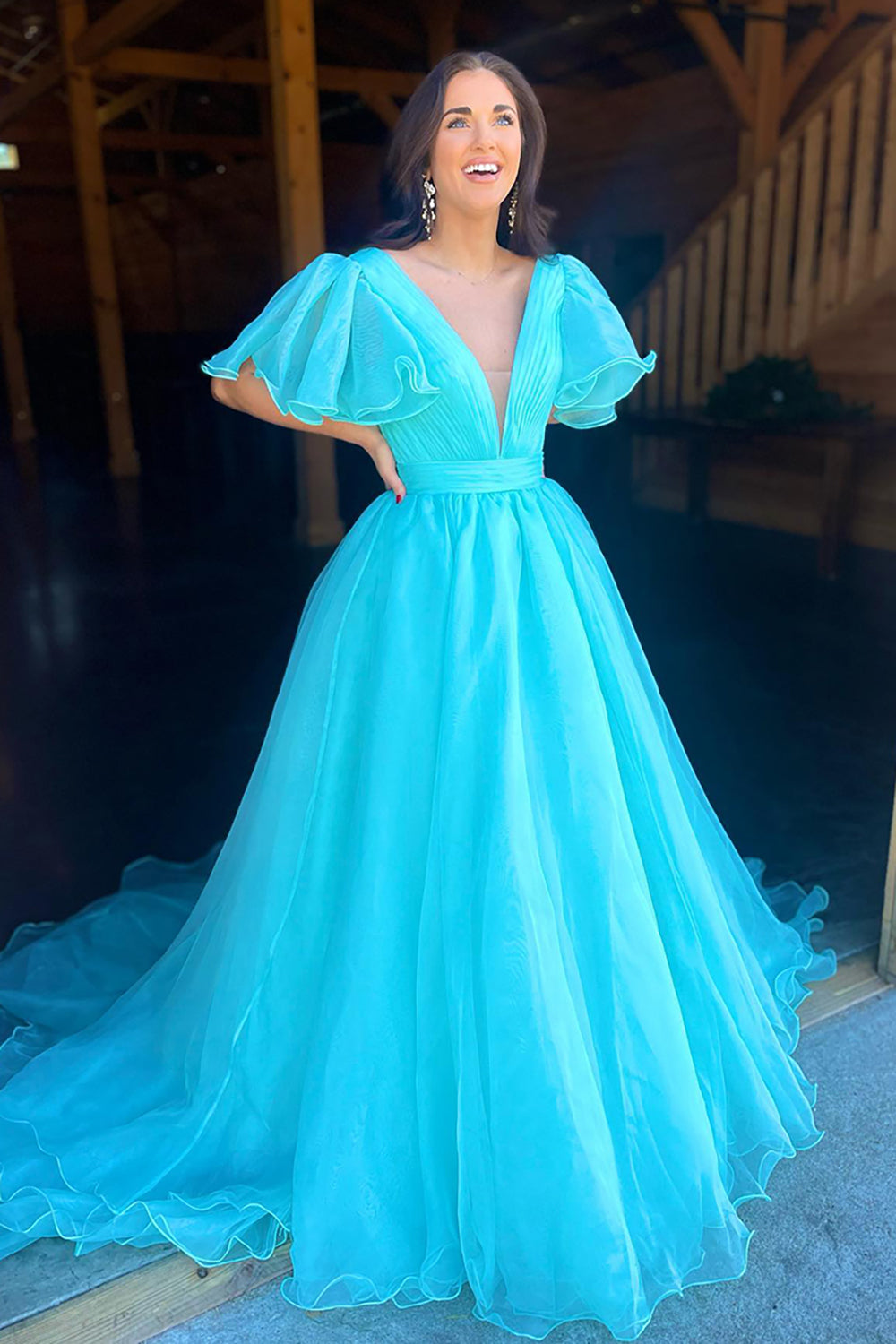 Dreamyannie Blue Prom Dress V-Neck A Line Ruched Evening Dress With Puff Sleeves