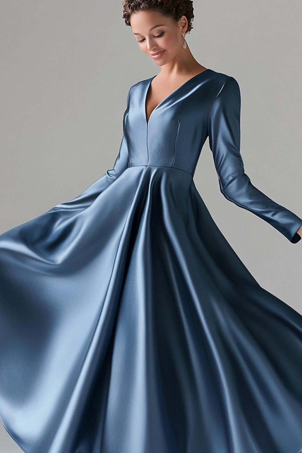 Dreamyannie Blue Wedding Guest Dress A-Line V Neck Satin Long Formal Dress With Long Sleeves
