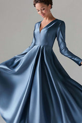 Dreamyannie Blue Wedding Guest Dress A-Line V Neck Satin Long Formal Dress With Long Sleeves