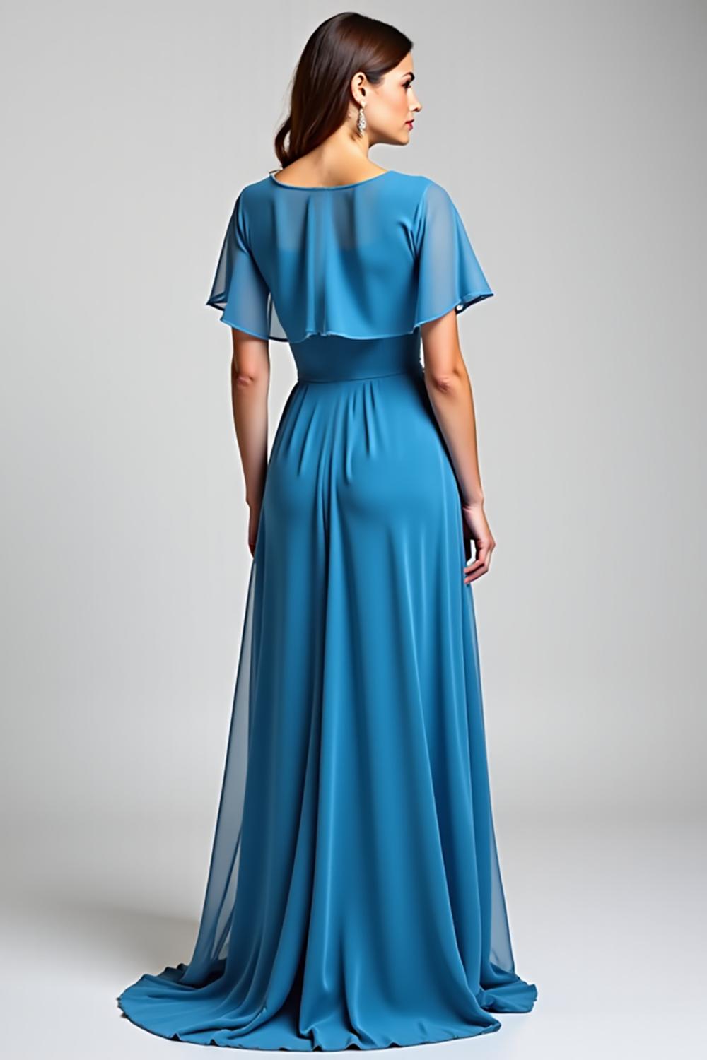 Dreamyannie Blue Wedding Guest Dress Long Chiffon A Line Formal Dress With Short Sleeves