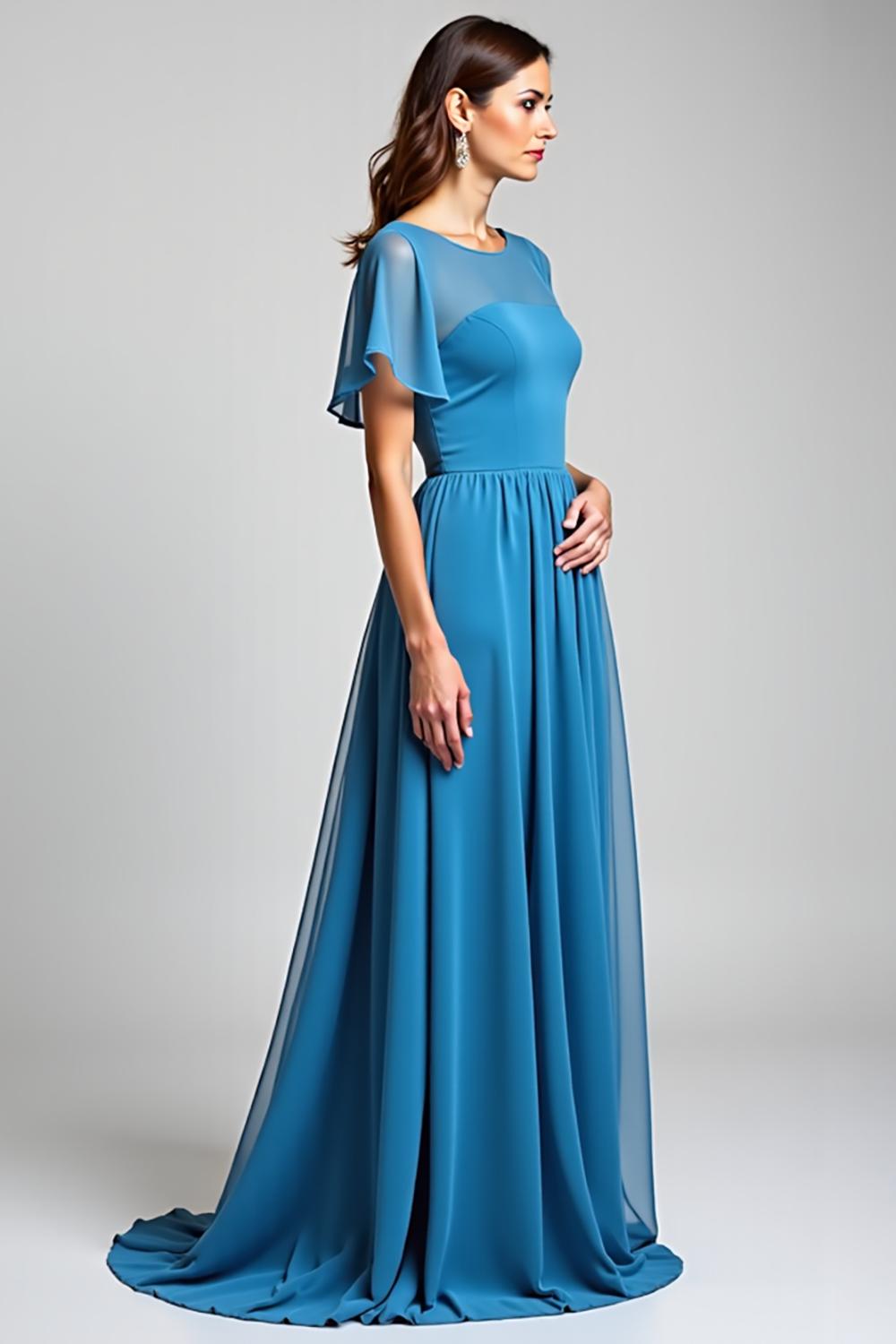 Dreamyannie Blue Wedding Guest Dress Long Chiffon A Line Formal Dress With Short Sleeves
