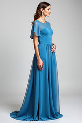 Dreamyannie Blue Wedding Guest Dress Long Chiffon A Line Formal Dress With Short Sleeves