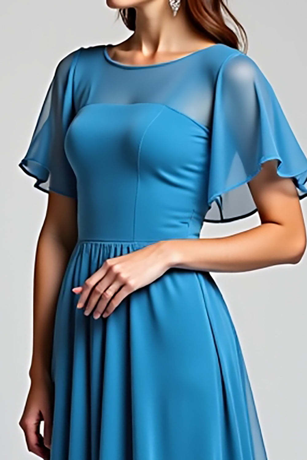 Dreamyannie Blue Wedding Guest Dress Long Chiffon A Line Formal Dress With Short Sleeves
