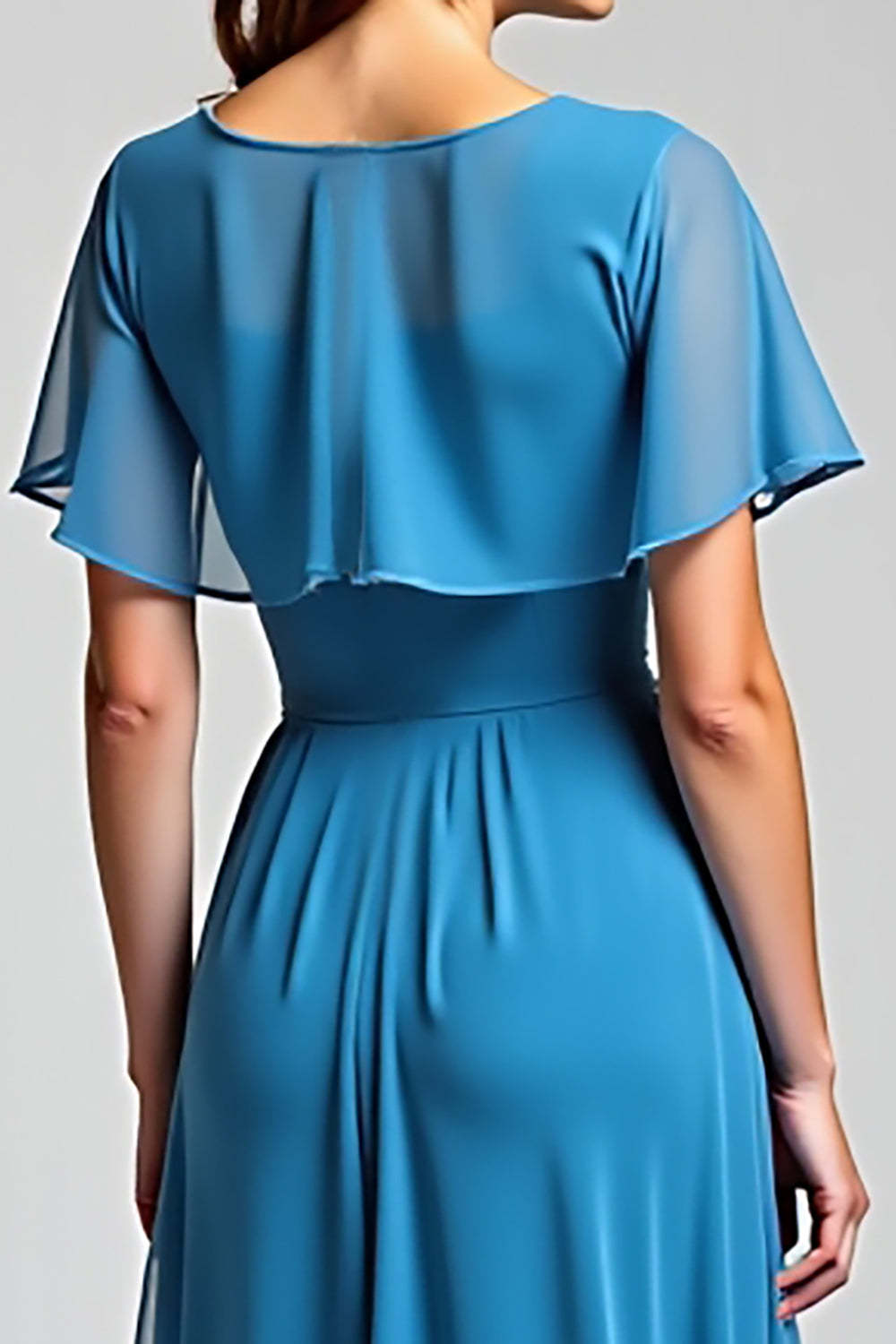 Dreamyannie Blue Wedding Guest Dress Long Chiffon A Line Formal Dress With Short Sleeves