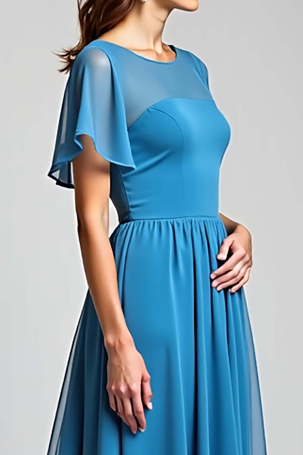 Dreamyannie Blue Wedding Guest Dress Long Chiffon A Line Formal Dress With Short Sleeves