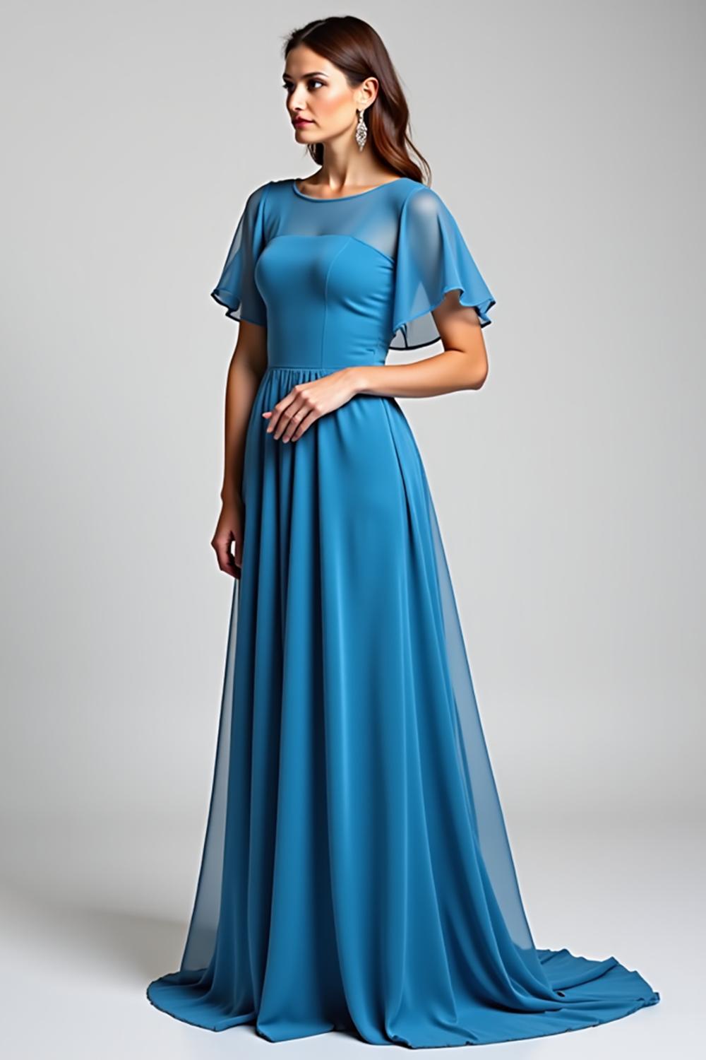 Dreamyannie Blue Wedding Guest Dress Long Chiffon A Line Formal Dress With Short Sleeves
