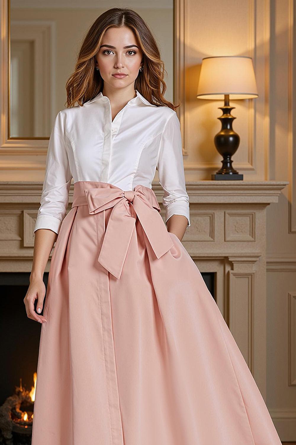 Dreamyannie Blush Pink Lapel A Line Ankle Length Mother Of The Bride Dress With Bow