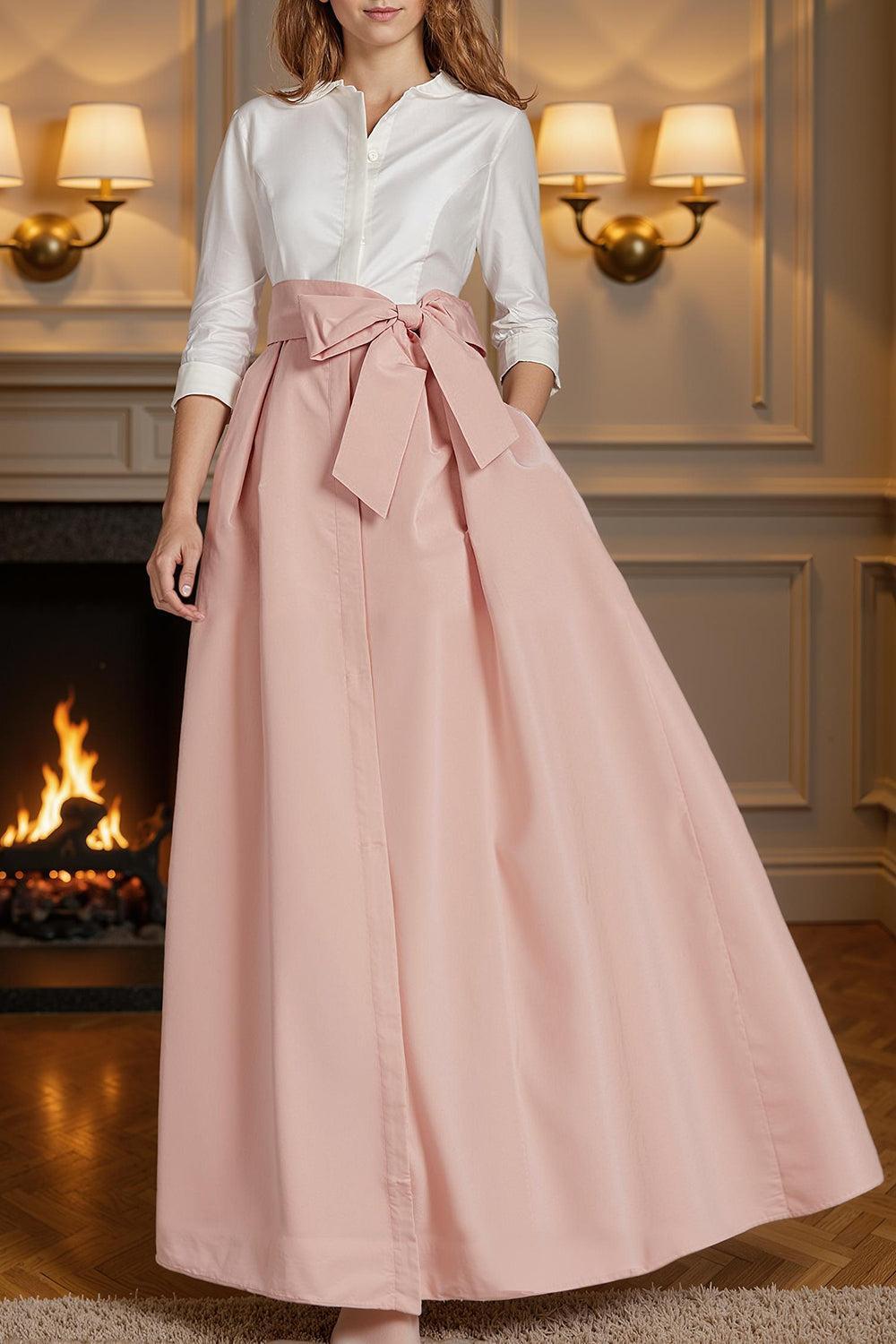 Dreamyannie Blush Pink Lapel A Line Ankle Length Mother Of The Bride Dress With Bow