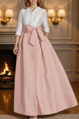 Dreamyannie Blush Pink Lapel A Line Ankle Length Mother Of The Bride Dress With Bow