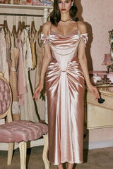 Dreamyannie Blush Pink Off-The-Shoulder Satin Corset Prom Dress With Pearl Draping Formal Evening Gown