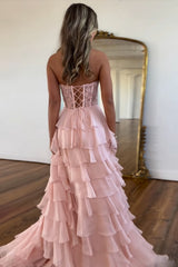 Dreamyannie Blush Pink Prom Dress A-Line Tiered Chiffon Long Formal Dress With Lace