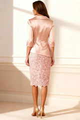 Dreamyannie Blush Pink Satin Bodycon Knee Length Mother Of The Bride Dress With Lace