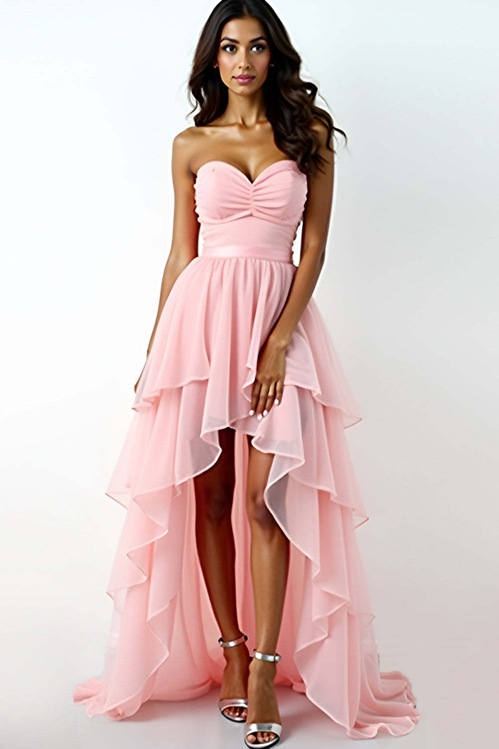 Dreamyannie Blush Pink Wedding Guest Dress Asymmetrical Sweetheart High-Low Formal Dress