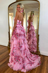 Dreamyannie Blush Prom Dress Floral Ruffled Halter Evening Dress With Slit