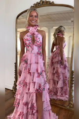 Dreamyannie Blush Prom Dress Floral Ruffled Halter Evening Dress With Slit