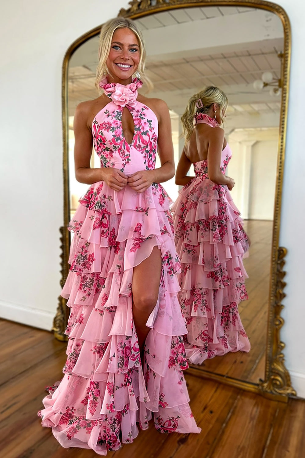 Dreamyannie Blush Prom Dress Floral Ruffled Halter Evening Dress With Slit