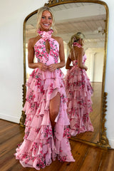 Dreamyannie Blush Prom Dress Floral Ruffled Halter Evening Dress With Slit