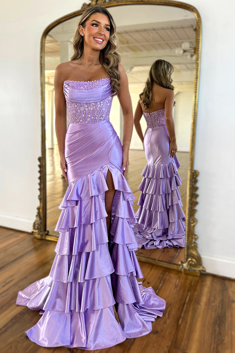Dreamyannie Blue Prom Dress Ruffled Mermaid Long Lace Satin Formal Dress With Slit