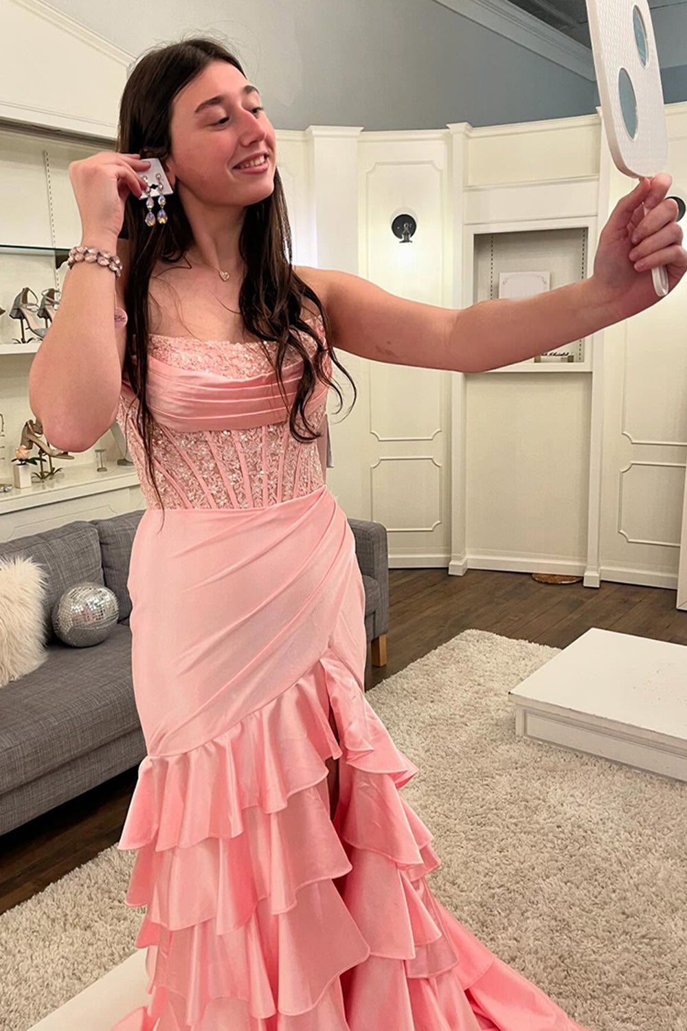 Dreamyannie Blue Prom Dress Ruffled Mermaid Long Lace Satin Formal Dress With Slit