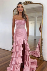 Dreamyannie Blush Prom Dress Ruffled Mermaid Long Satin Formal Dress With Slit