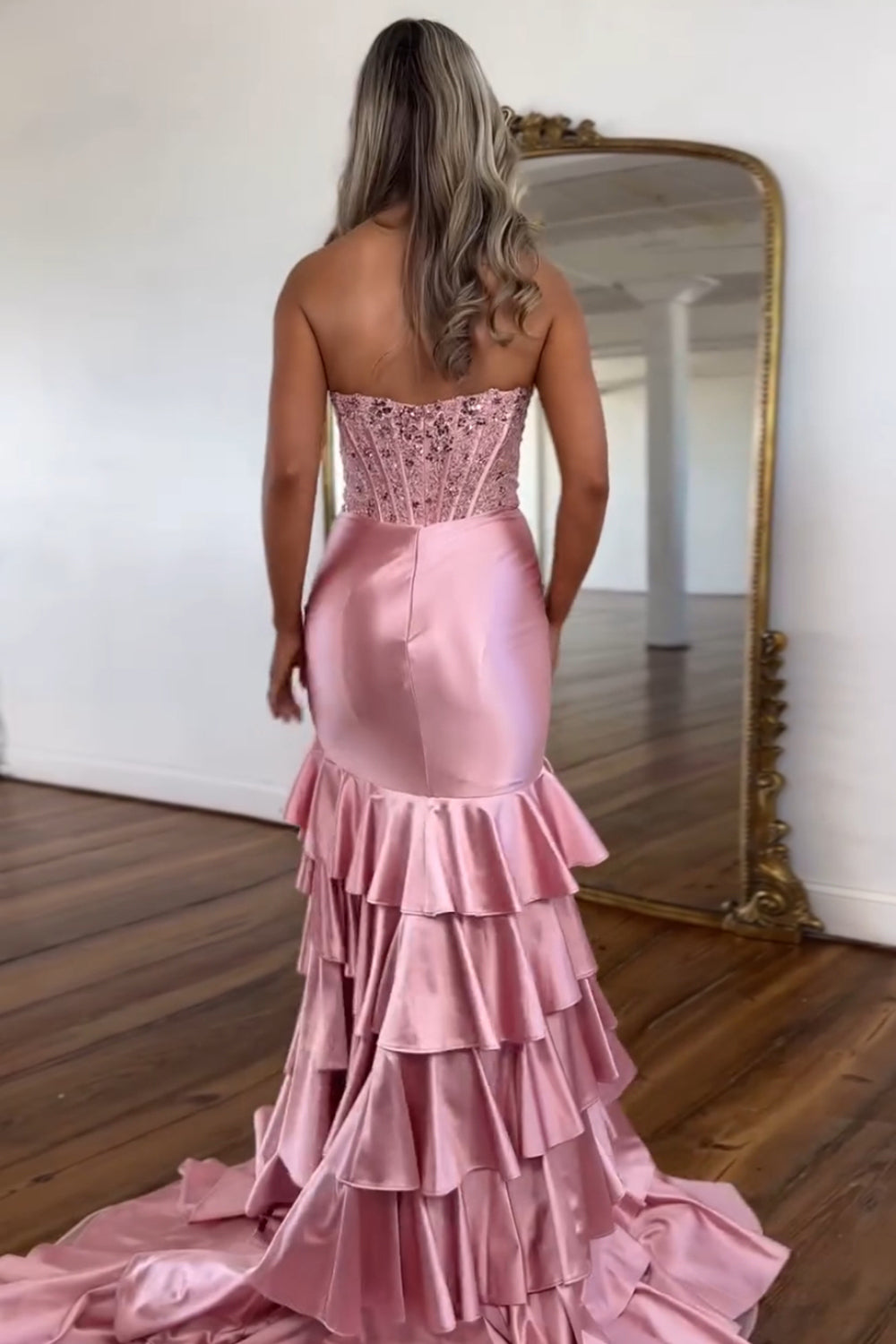 Dreamyannie Blush Prom Dress Tiered Mermaid Long Evening Dress With Slit
