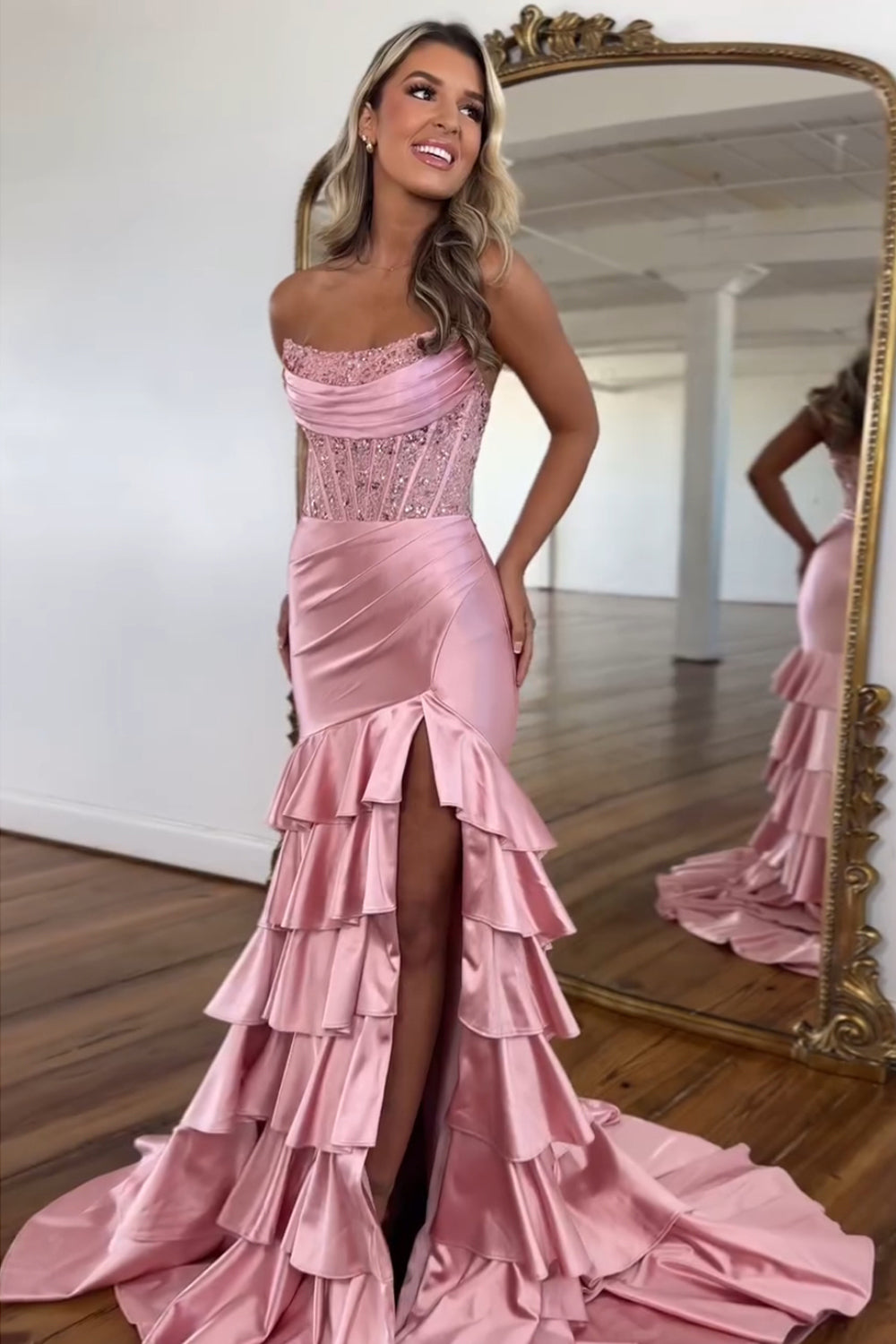 Dreamyannie Blush Prom Dress Tiered Mermaid Long Evening Dress With Slit