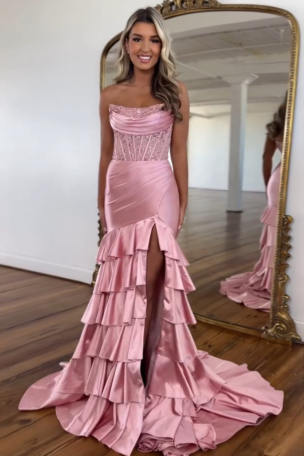 Dreamyannie Blush Prom Dress Tiered Mermaid Long Evening Dress With Slit