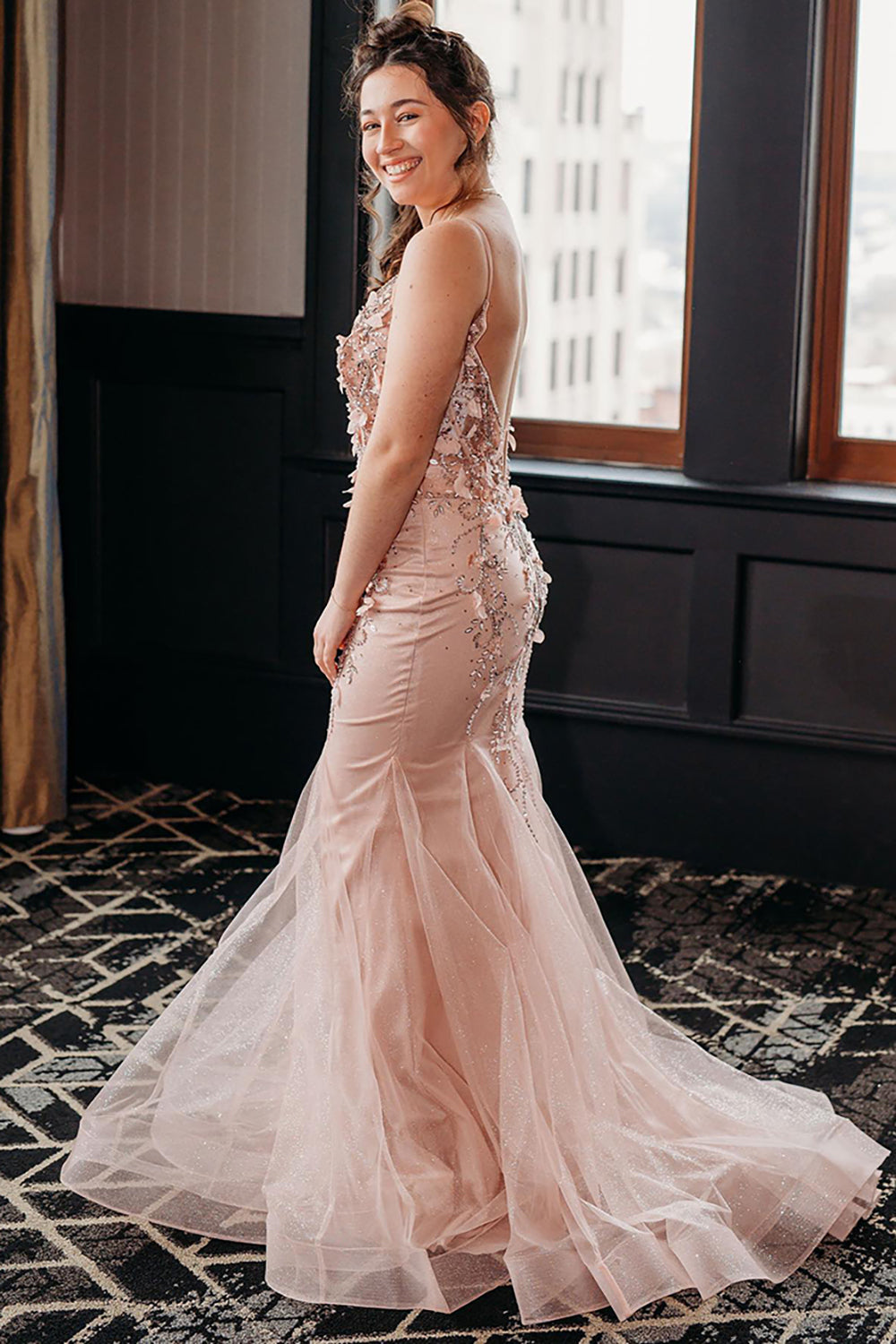 Dreamyannie Blush Prom Dress V-Neck Mermaid Tulle Evening Dress