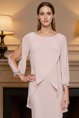 Dreamyannie Bodycon Candy Pink Chiffon Knee Length Mother Of The Bride Dress With Sleeves