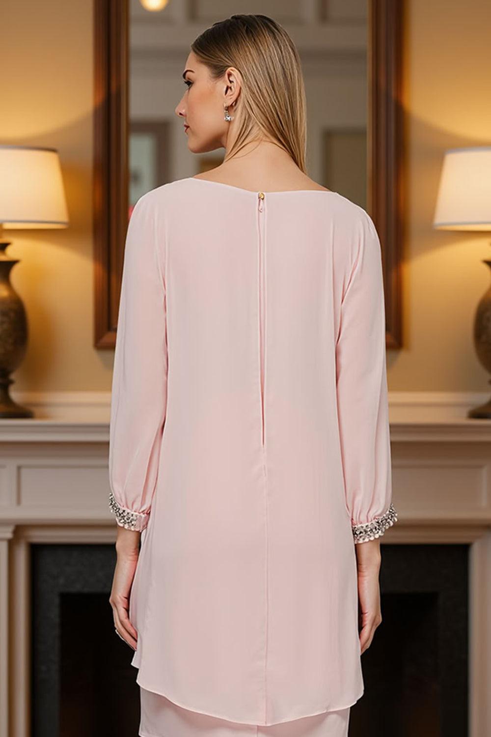 Dreamyannie Bodycon Candy Pink Chiffon Knee Length Mother Of The Bride Dress With Sleeves