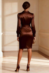 Dreamyannie Bodycon Chocolate V Neck Short Satin Mother Of The Bride Dress