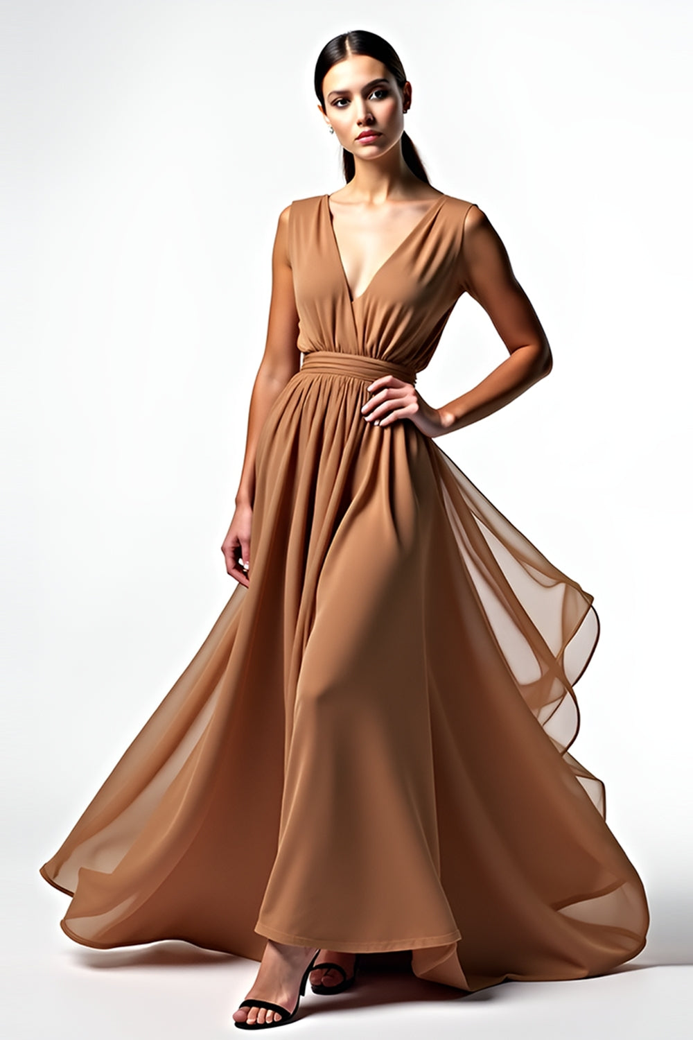 Dreamyannie Brown A Line Deep V-Neck Long Chiffon Gala Dress