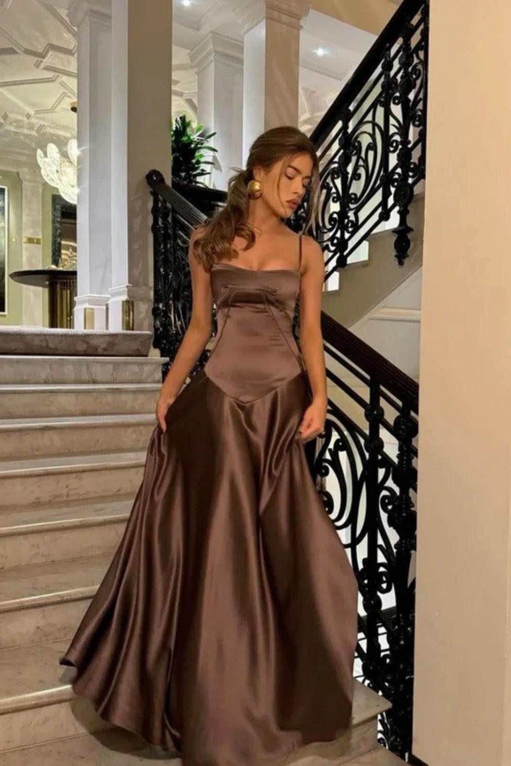 Dreamyannie Brown Luxe Silk-Look Long Evening Dress With Fitted Bodice Formal Evening Gown