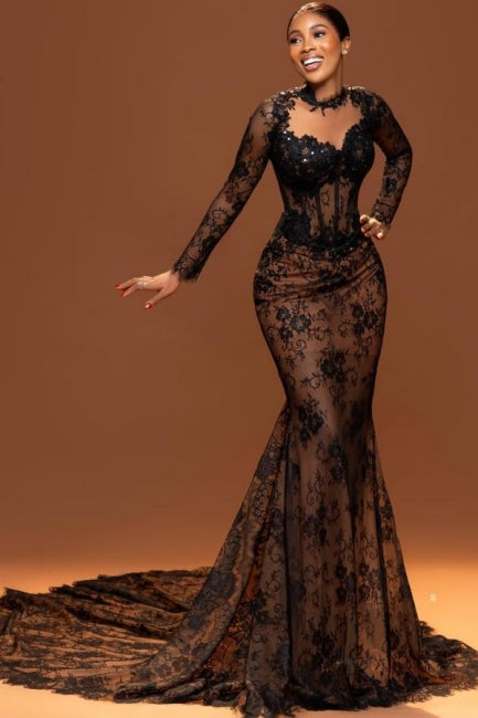 Dreamyannie Brown Mermaid Crew Black Prom Dress Lace Beaded Sleeve Court Train Formal Dress