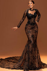Dreamyannie Brown Mermaid Crew Black Prom Dress Lace Beaded Sleeve Court Train Formal Dress