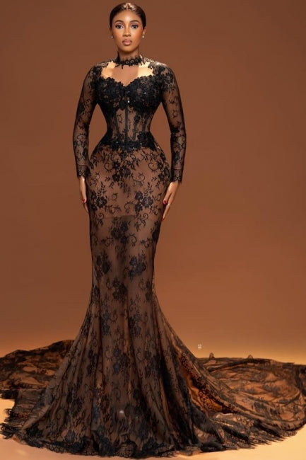 Dreamyannie Brown Mermaid Crew Black Prom Dress Lace Beaded Sleeve Court Train Formal Dress