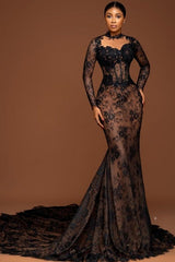 Dreamyannie Brown Mermaid Crew Black Prom Dress Lace Beaded Sleeve Court Train Formal Dress