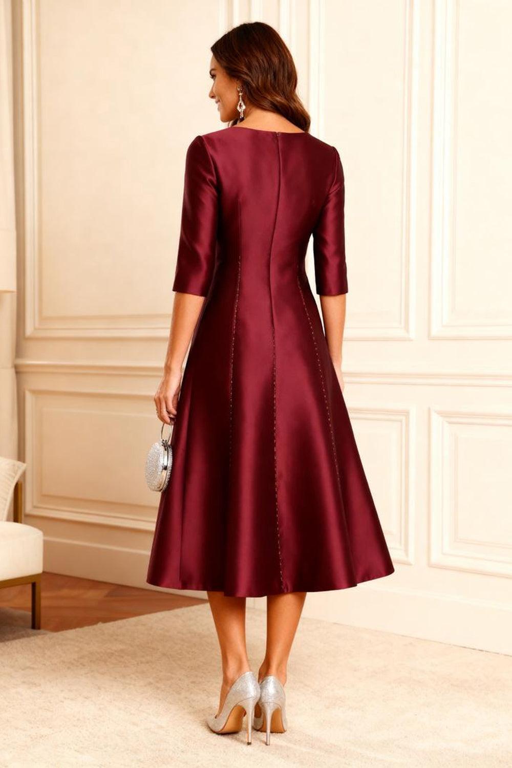 Dreamyannie Burgundy A Line Satin Tea Length Mother Of The Bride Dress With Beading