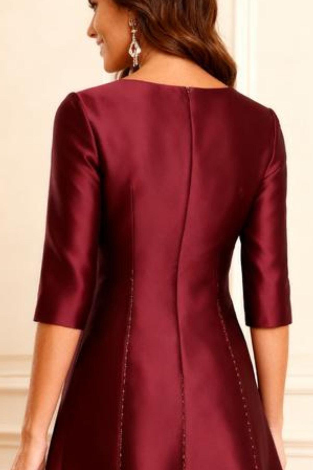 Dreamyannie Burgundy A Line Satin Tea Length Mother Of The Bride Dress With Beading