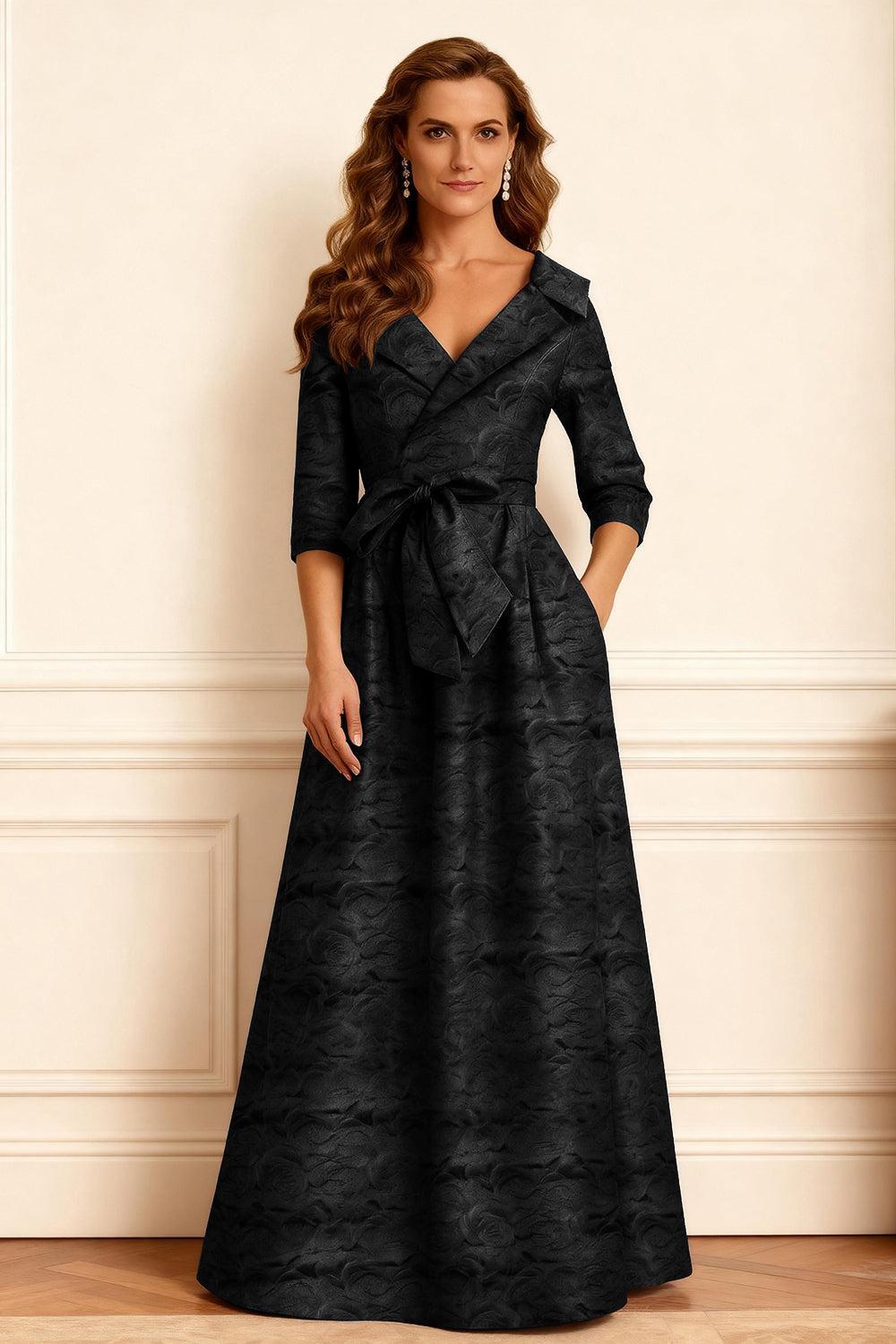 Dreamyannie Burgundy Jacquard A Line Notched Lapel Long Mother Of The Bride Dress With Bow