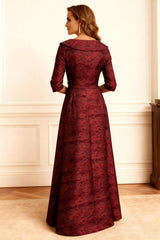 Dreamyannie Burgundy Jacquard A Line Notched Lapel Long Mother Of The Bride Dress With Bow