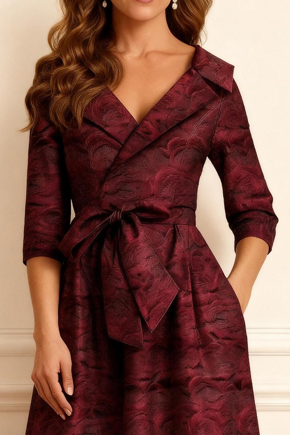 Dreamyannie Burgundy Jacquard A Line Notched Lapel Long Mother Of The Bride Dress With Bow