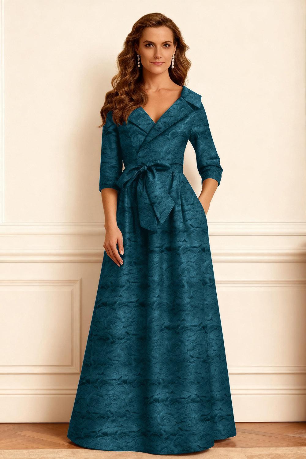 Dreamyannie Burgundy Jacquard A Line Notched Lapel Long Mother Of The Bride Dress With Bow
