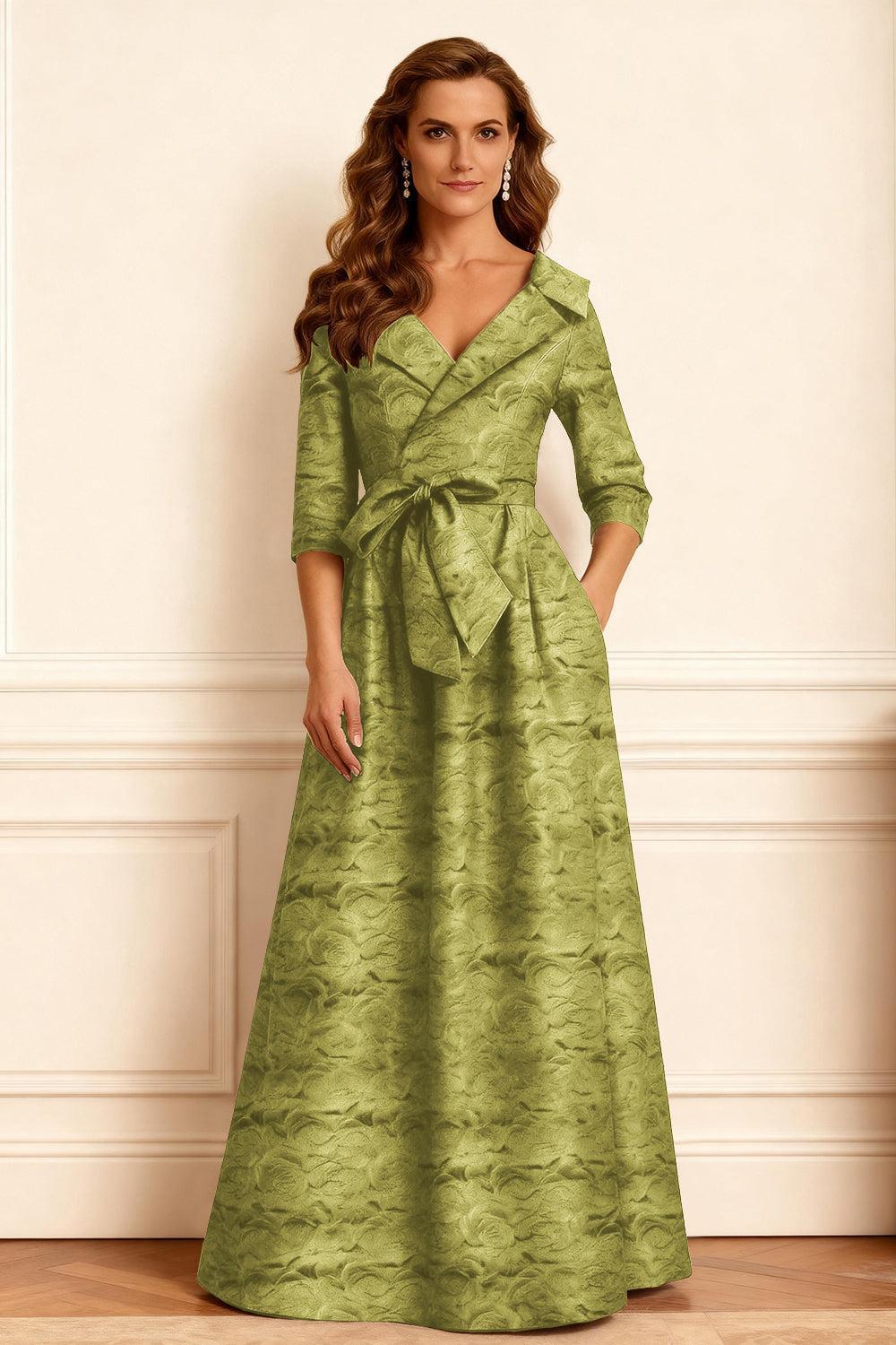 Dreamyannie Burgundy Jacquard A Line Notched Lapel Long Mother Of The Bride Dress With Bow