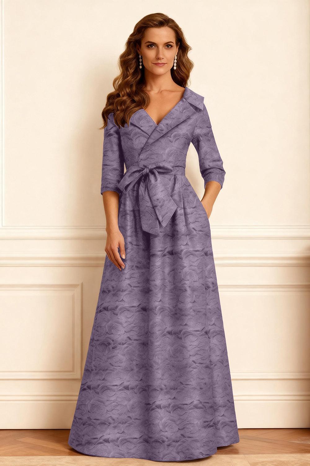 Dreamyannie Burgundy Jacquard A Line Notched Lapel Long Mother Of The Bride Dress With Bow