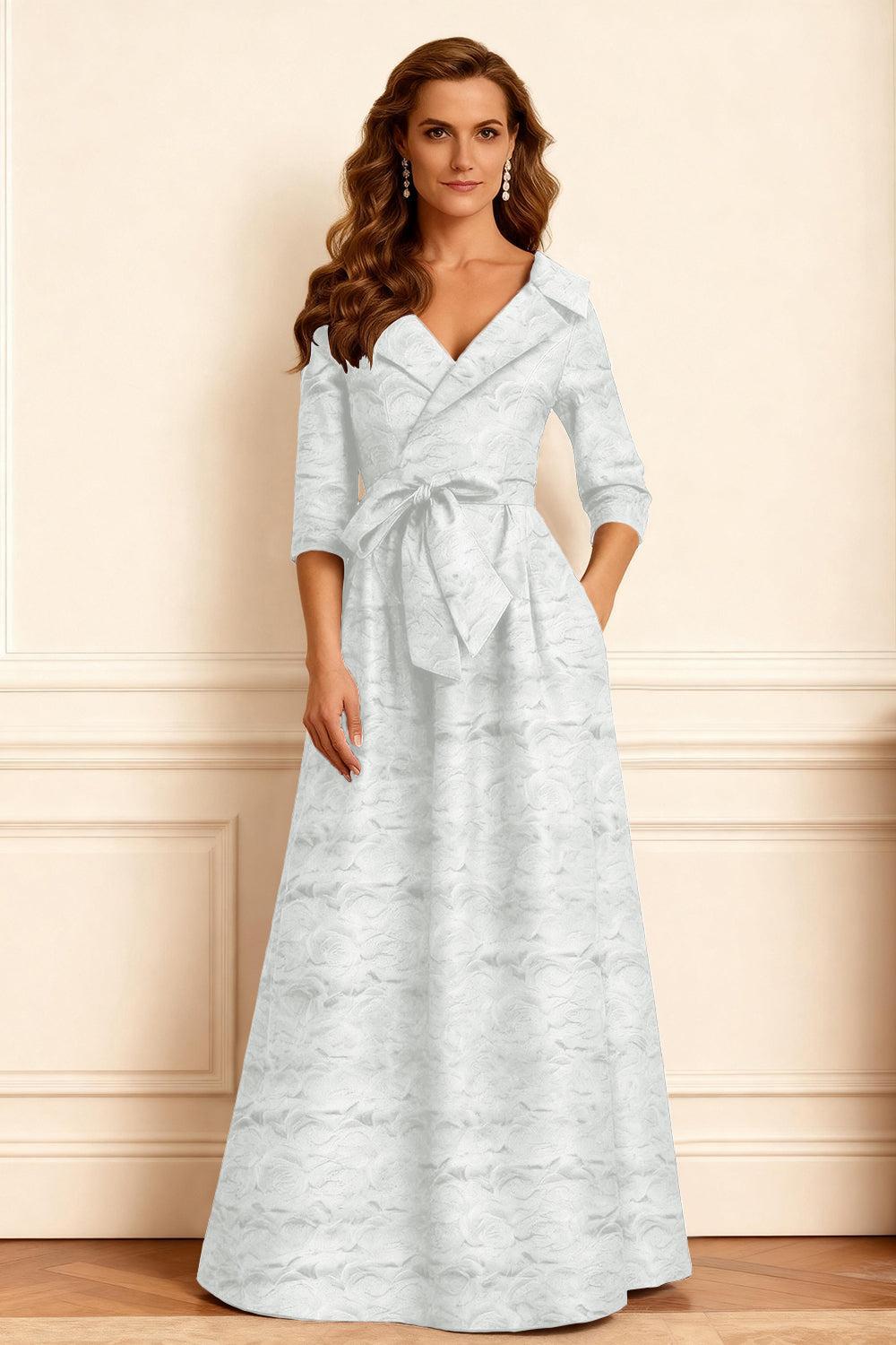 Dreamyannie Burgundy Jacquard A Line Notched Lapel Long Mother Of The Bride Dress With Bow