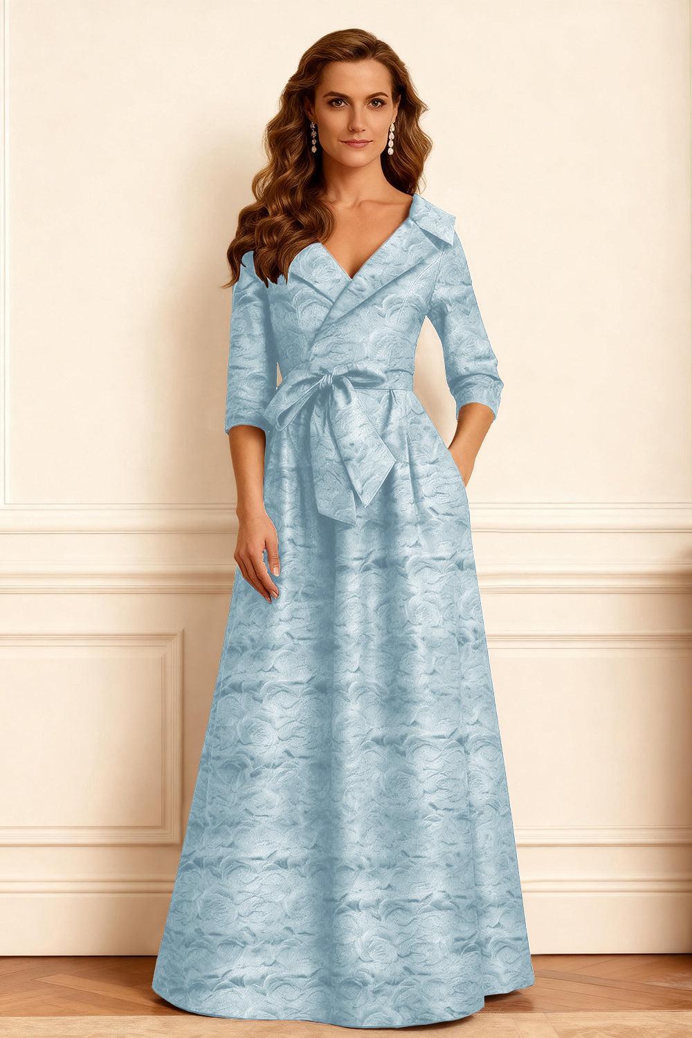Dreamyannie Burgundy Jacquard A Line Notched Lapel Long Mother Of The Bride Dress With Bow