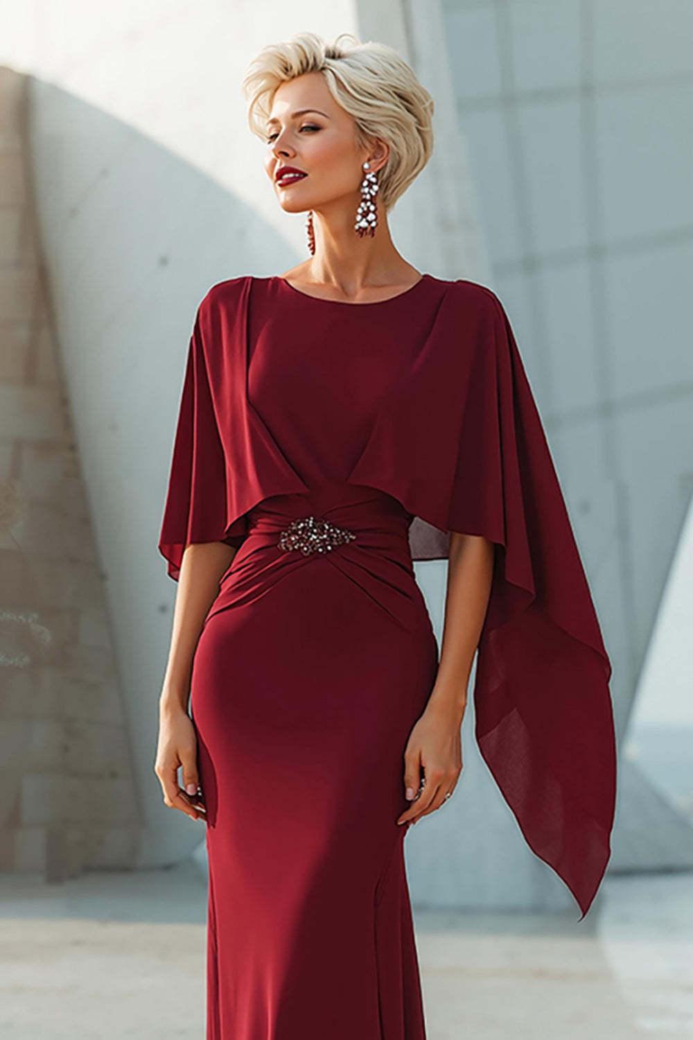 Dreamyannie Burgundy Mermaid Ruffled Long Mother Of The Bride Dress With Cape