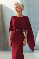 Dreamyannie Burgundy Mermaid Ruffled Long Mother Of The Bride Dress With Cape